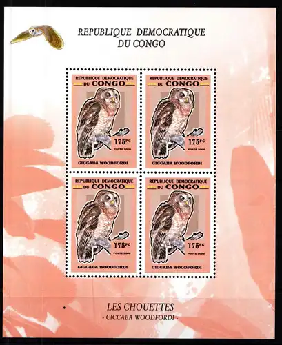 Kongo (Brazzaville) Eulen postfrisch als Kleinbogen, Eulen #KO878