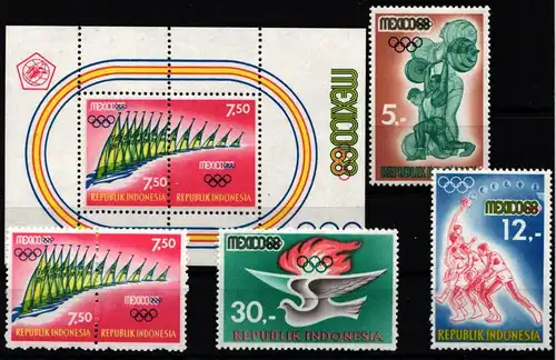 Indonesien 618-622 und Block 12 postfrisch Olympische Spiele 1968 Mexico #KO120