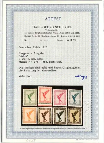 Deutsches Reich 378-384 postfrisch mit Fotoattest Schlegel BPP #KP056