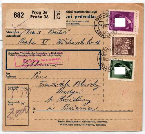 Böhmen und Mähren 103 u.a. auf Brief als Mischfrankatur Paketkarte #KN358