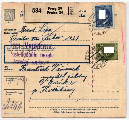 Böhmen und Mähren 102 u.a. auf Brief als Mischfrankatur Paketkarte #KN361