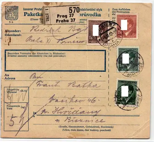 Böhmen und Mähren 100 u.a. auf Brief als Mischfrankatur Paketkarte #KN362