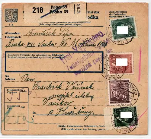 Böhmen und Mähren 100 u.a. auf Brief als Mischfrankatur Paketkarte #KN368