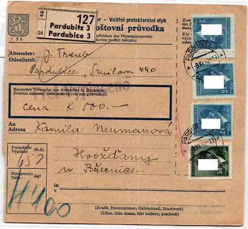 Böhmen und Mähren 99 u.a. auf Brief als Mischfrankatur Paketkarte #KN367