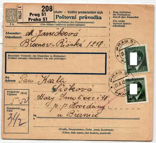 Böhmen und Mähren 104 u.a. auf Brief als Mischfrankatur Paketkarte #KN359