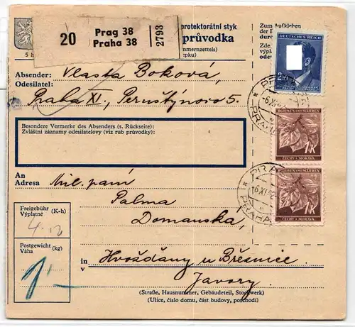 Böhmen und Mähren 101 u.a. auf Brief als Mischfrankatur Paketkarte #KN363