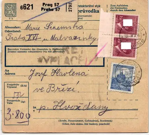 Böhmen und Mähren 97 u.a. auf Brief als Mischfrankatur Paketkarte #KN357