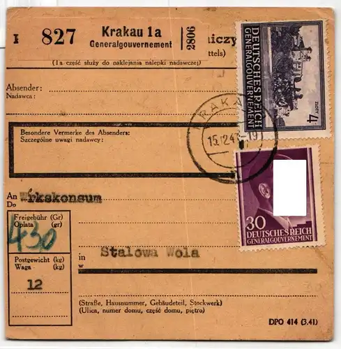 Generalgouvernement 77, 114 auf Brief als Mischfrankatur Paketkarte #KN373