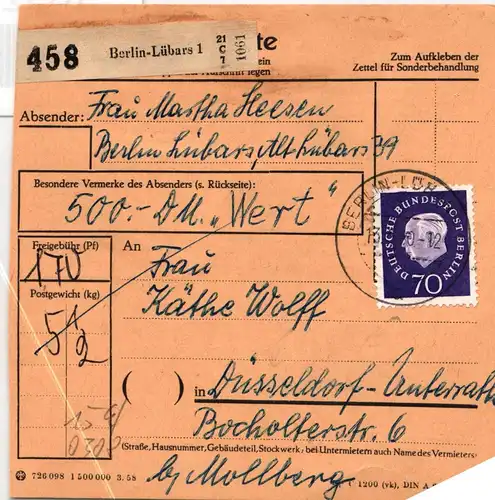 Berlin 153, 186 auf Brief als Mischfrankatur Paketkarte portogerecht #KQ255