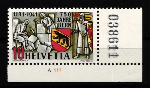 Schweiz 398 postfrisch Eckrand mit Bogennummer und Bogenzähler #KP151