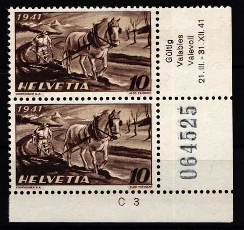 Schweiz 386 postfrisch Paar Eckrand Bogenummer, Formnummer #KP174