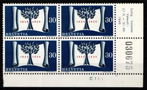 Schweiz 499 postfrisch Eckrand Viererblock Formnummer Bogenzähler #KP326