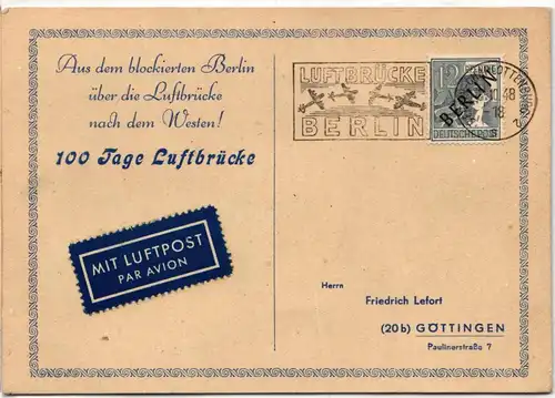 Berlin 5 auf Postkarte als Einzelfrankatur Luftbrückenstempel #KQ601