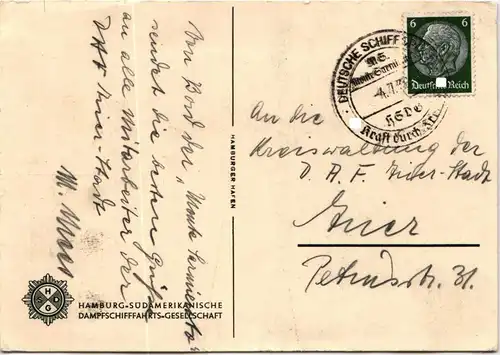 Deutsches Reich 516 auf Postkarte Schiffspost Monte Sarmiento #KQ695