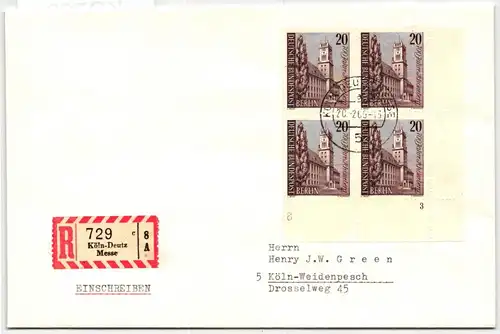 Berlin 233 auf Brief als Mehrfachfrankatur 4er Block, Formnummer 3 #KQ769