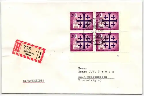 Berlin 216 auf Brief als Mehrfachfrankatur 4er Block, Formnummer 2 #KQ785