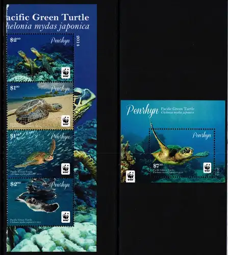 Penrhyn Block 111 + 761-764 postfrisch als 4er Streifen, Schildkröten #JV377