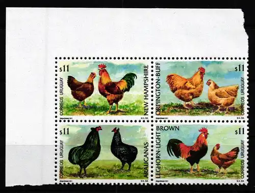 Uruguay 2608-2611 postfrisch als 4er Block, Hühnerrassen #JV548