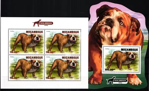 Mosambik Block 1398 + 9789 postfrisch als Kleinbogen, Hunde, Bulldogge #JV934