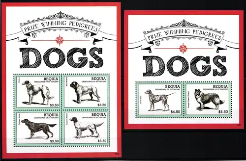 St. Vincent Bequia Block 85 + 829-832 postfrisch als ZD-Bogen, Hunde #JV944