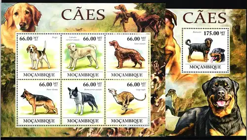 Mosambik Block 568 + 5351-5356 postfrisch als ZD-Bogen, Hunde #JV948