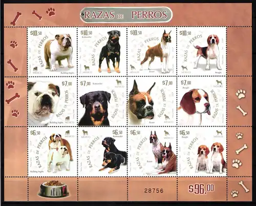 Mexiko 3409-3420 postfrisch als ZD-Bogen, Hunde #JV992