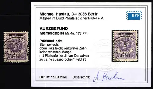 Memel 178 PF I gestempelt Plattenfehler mit Kurzbefund BPP #KR533