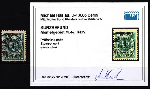 Memel 182 IV gestempelt mit Kurzbefund BPP #KS821