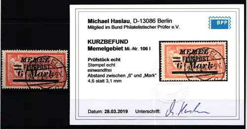 Memel 106 I gestempelt mit Kurzbefund BPP #KS935