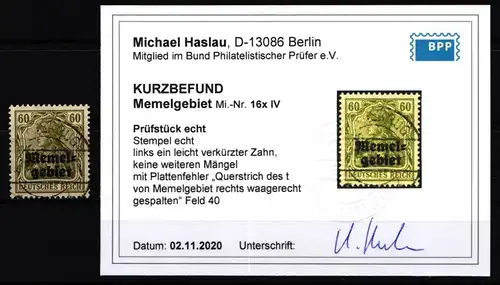 Memel 16 x IV gestempelt mit Kurzbefund BPP #KS922