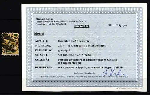 Memel 207 V gestempelt mit Kurzbefund BPP #KS879