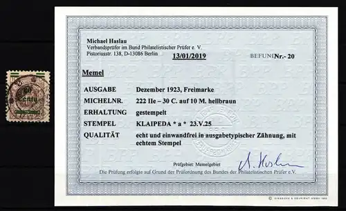 Memel 222 IIe gestempelt mit Fotobefund BPP #KS867