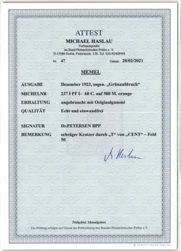 Memel 237 I PF I mit Falz mit Fotoattest BPP #KS960