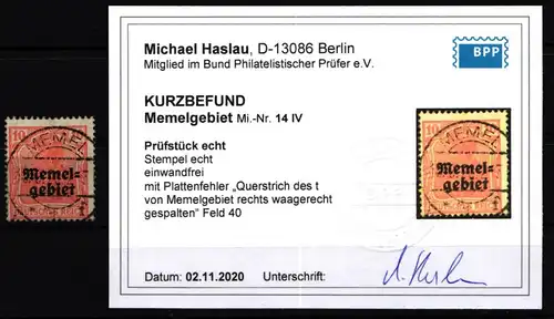 Memel 14 IV gestempelt mit Kurzbefund BPP #KS921