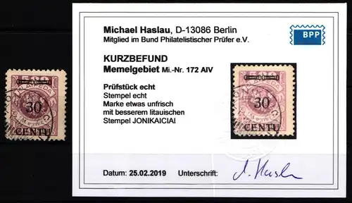 Memel 172 A IV gestempelt mit Kurzbefund BPP, Stempel JONIKAICIAI * a * #KS965