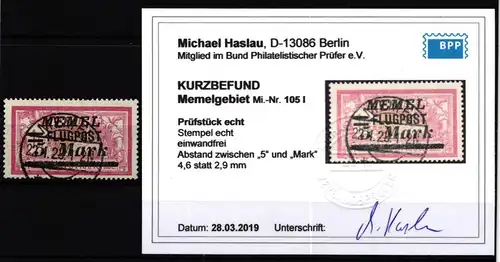 Memel 105 I gestempelt mit Kurzbefund BPP #KS934