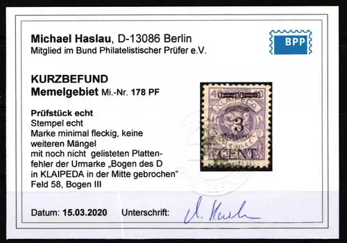 Memel 178 PF gestempelt PF noch nicht gelistet, mit Kurzbefund BPP #KS943