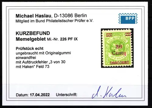 Memel 226 PF IX mit Falz mit Kurzbefund BPP #KS958