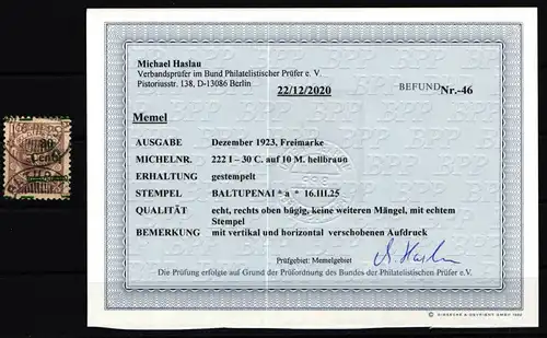 Memel 222 I gestempelt mit Fotobefund BPP, Stempel BALTUPENAI *a* #KS962