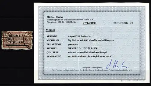 Memel 26 y II gestempelt mit Fotobefund BPP #KS927