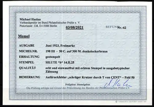 Memel 198 III gestempelt mit Fotobefund BPP #KS947
