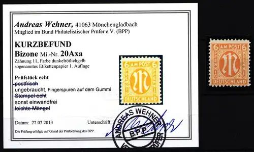 Bi-Zone 20 Axa postfrisch Fingerspuren, Kurzbefund Wehner BPP #KW316