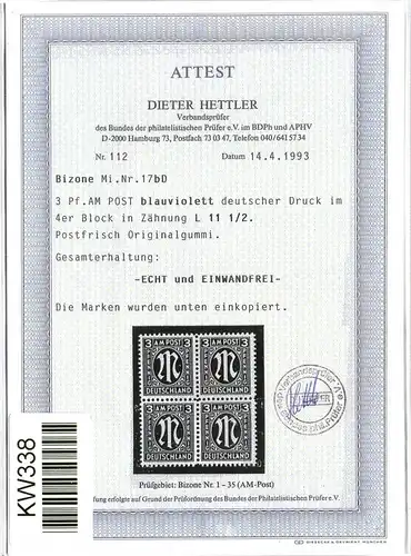 Bi-Zone 17 Dbz postfrisch Attest Hettler BPP für 4er Block, Marke u.r. #KW338