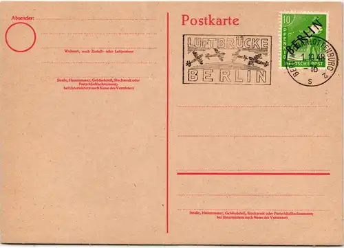 Berlin auf Postkarte ungelaufen mit Luftbrückenstempel #KT710