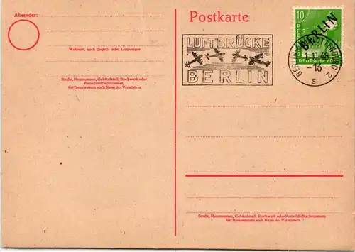 Berlin auf Postkarte ungelaufen mit Luftbrückenstempel #KT712