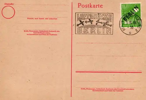 Berlin auf Postkarte ungelaufen mit Luftbrückenstempel #KT725