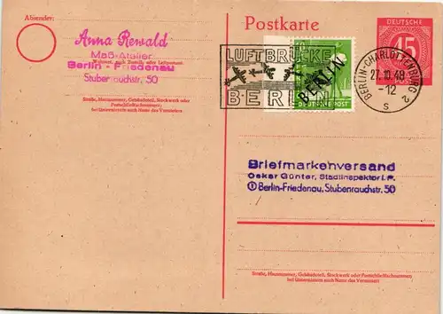 Berlin auf Postkarte ungelaufen mit Luftbrückenstempel #KT708