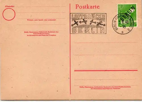 Berlin auf Postkarte ungelaufen mit Luftbrückenstempel #KT713