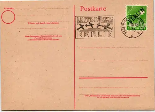 Berlin auf Postkarte ungelaufen mit Luftbrückenstempel #KT709