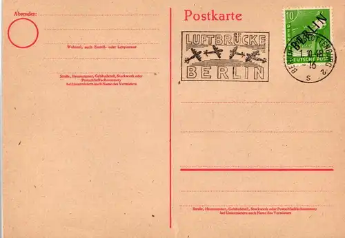 Berlin auf Postkarte ungelaufen mit Luftbrückenstempel #KT714